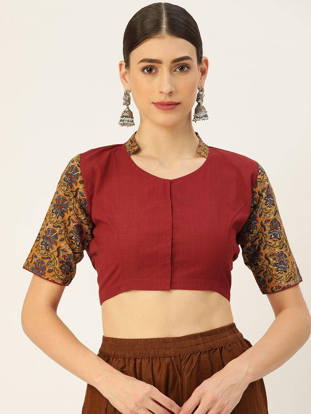tantkatha maroon solid cotton saree blouse