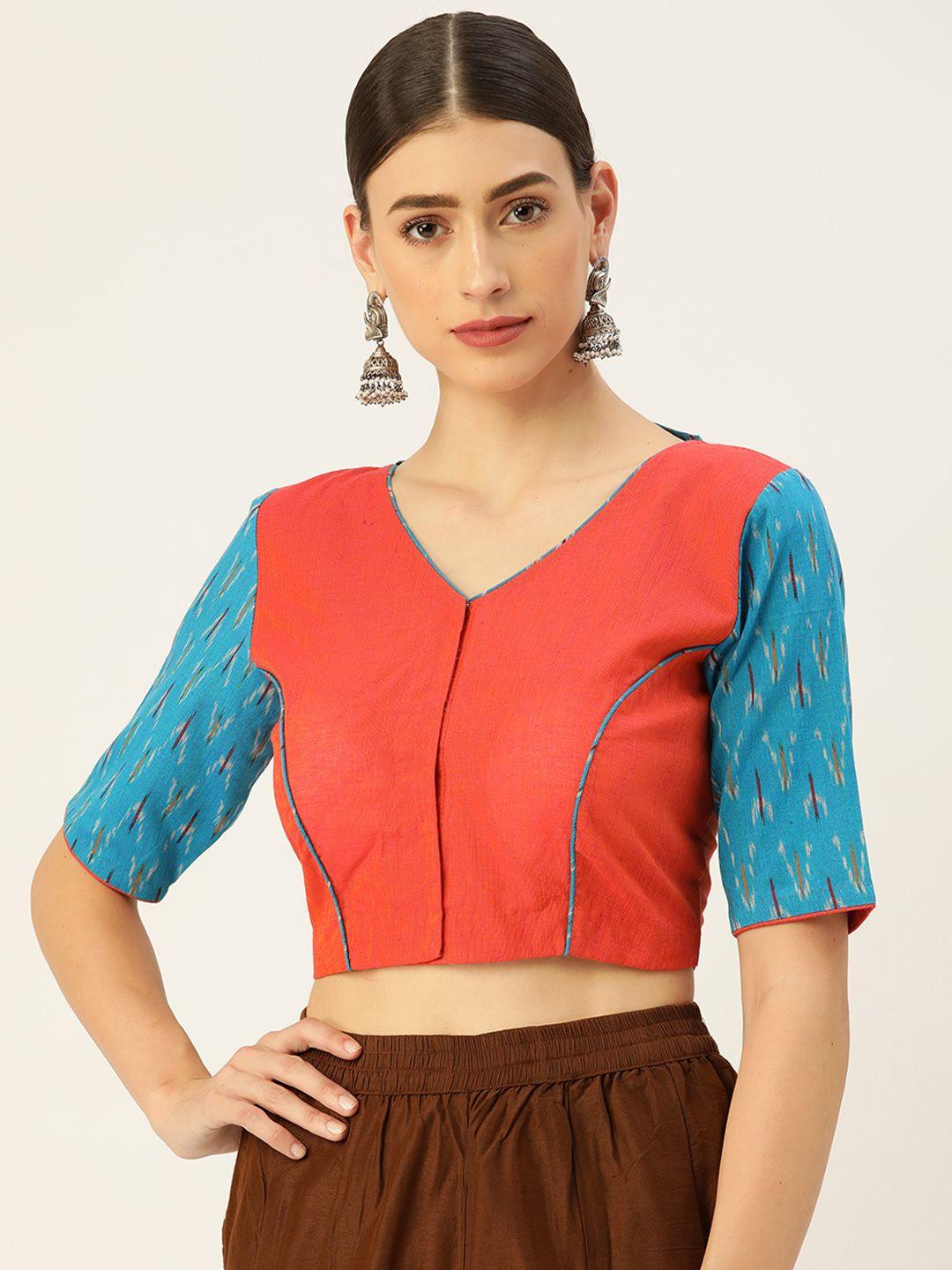 tantkatha pink & turquoise blue solid cotton saree blouse