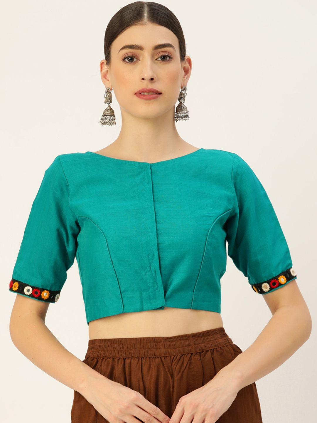 tantkatha turquoise blue solid saree blouse