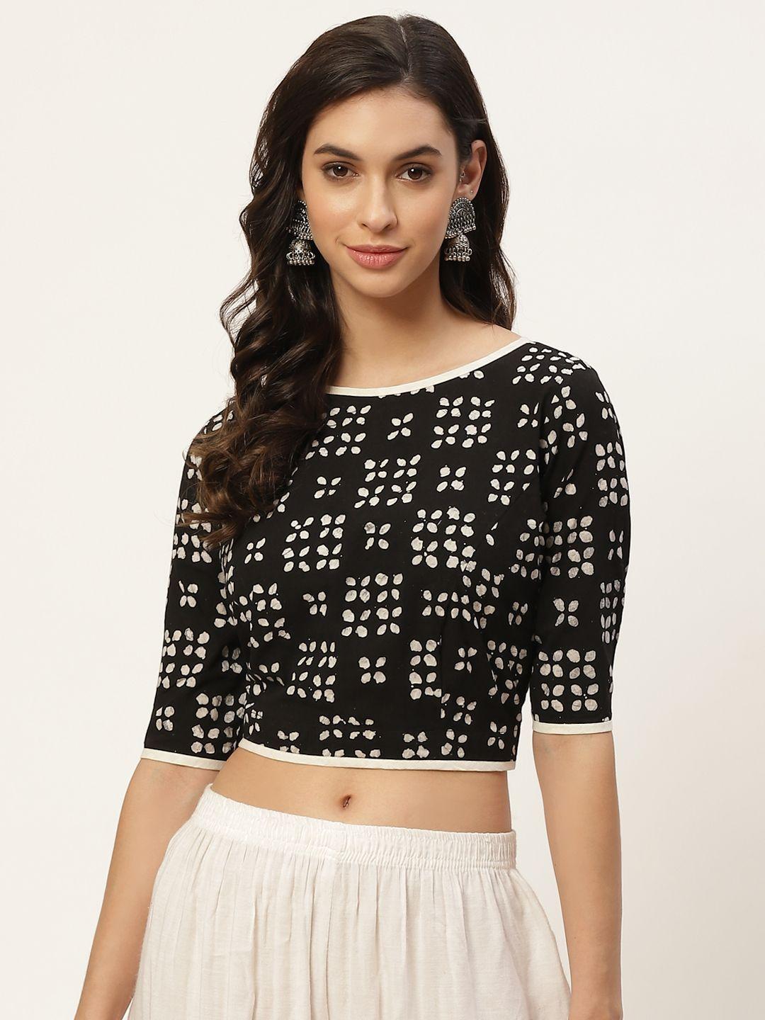 tantkatha women black & white pure cotton printed saree blouse
