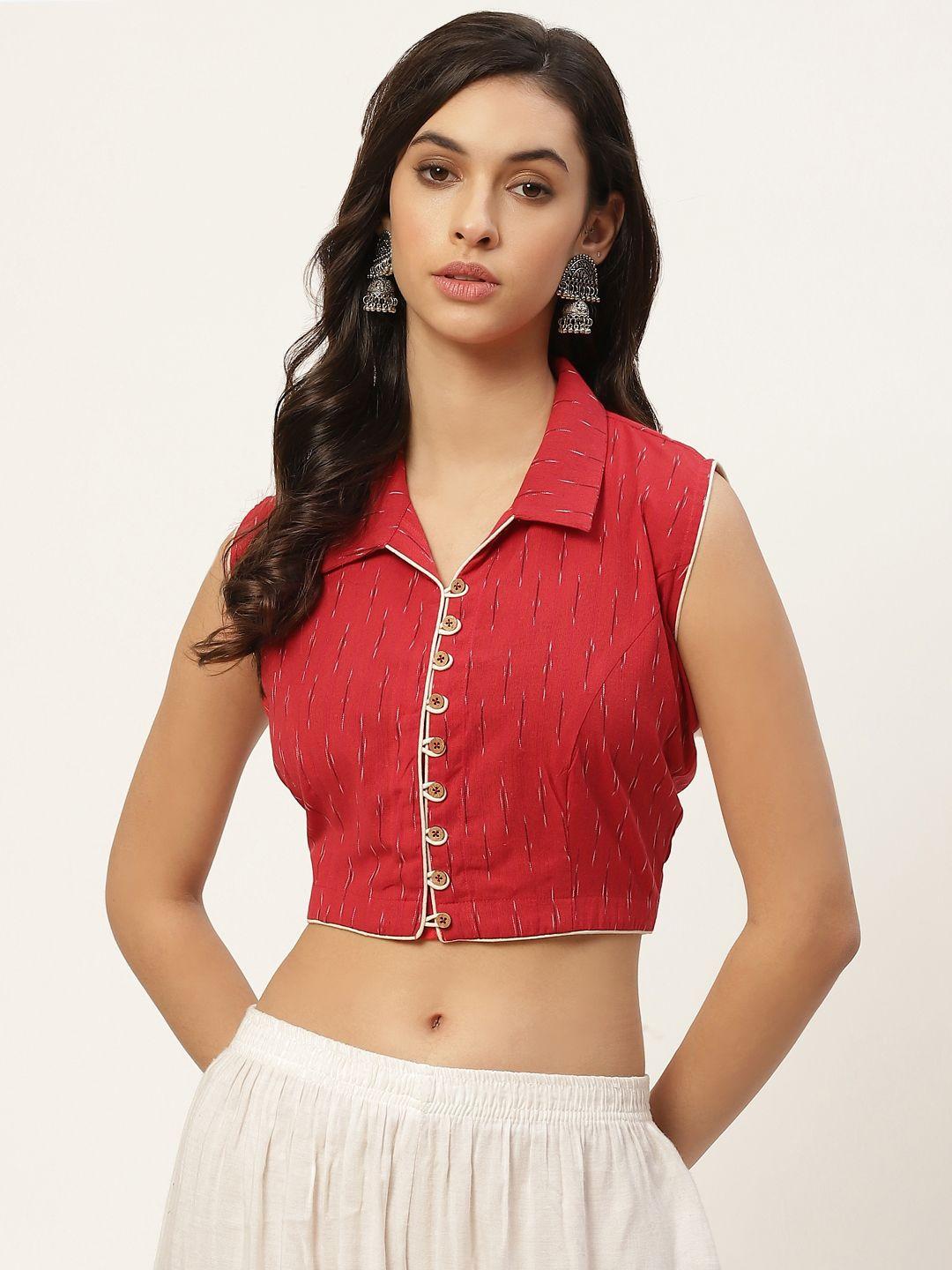 tantkatha women red geometric design cotton shirt collar saree blouse