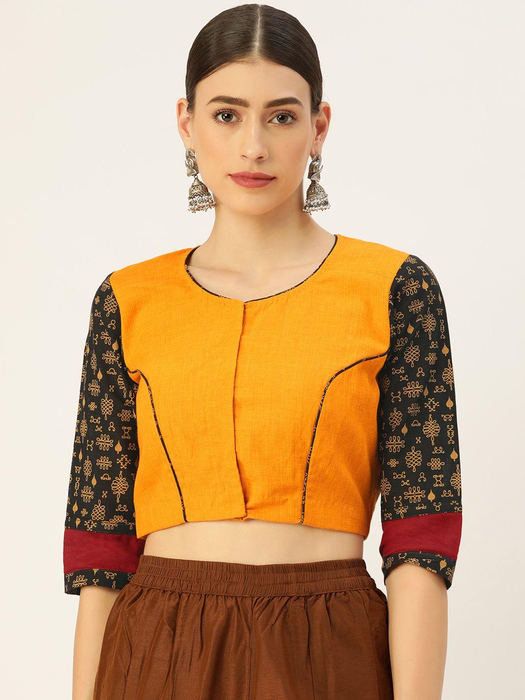 tantkatha yellow & black solid cotton saree blouse