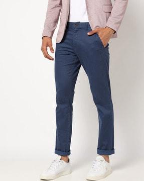 tapered fit flat-front pants with insert pockets