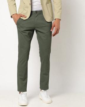 tapered fit flat-front pants with insert pockets
