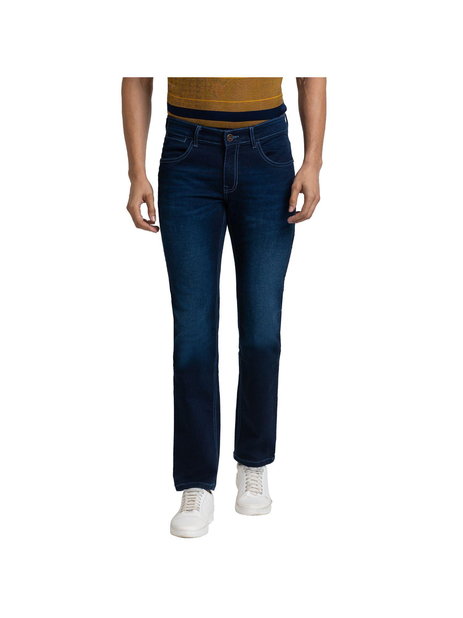 tapered fit solid dark blue jeans