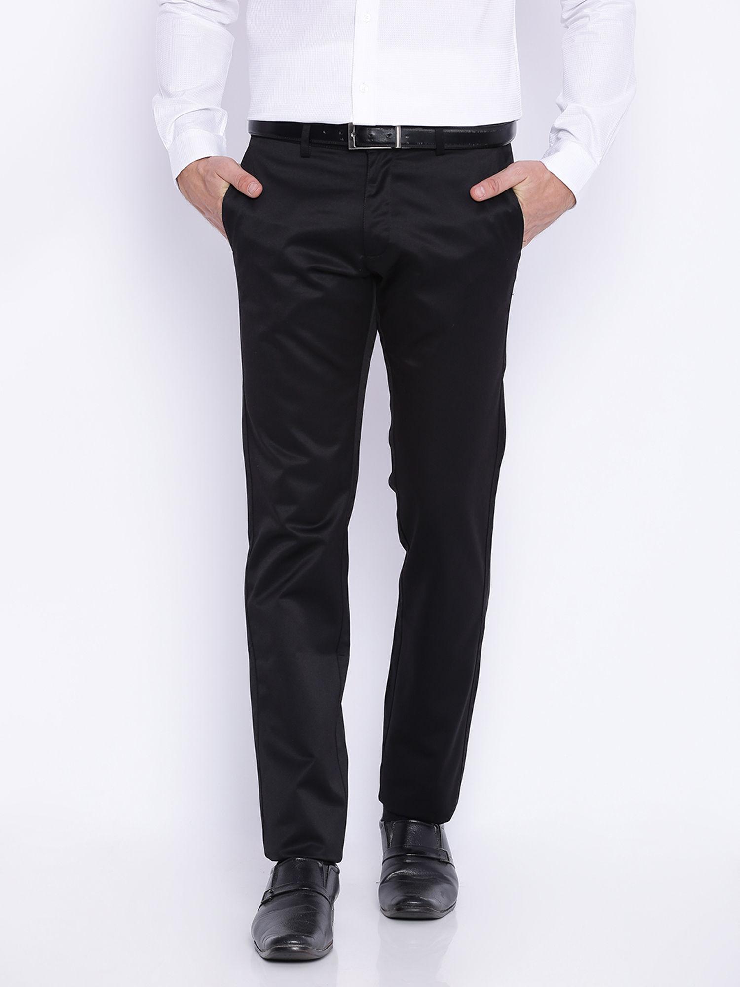 tapered fit black satin trousers