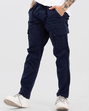 tapered fit flat-front pants with drawstring waist