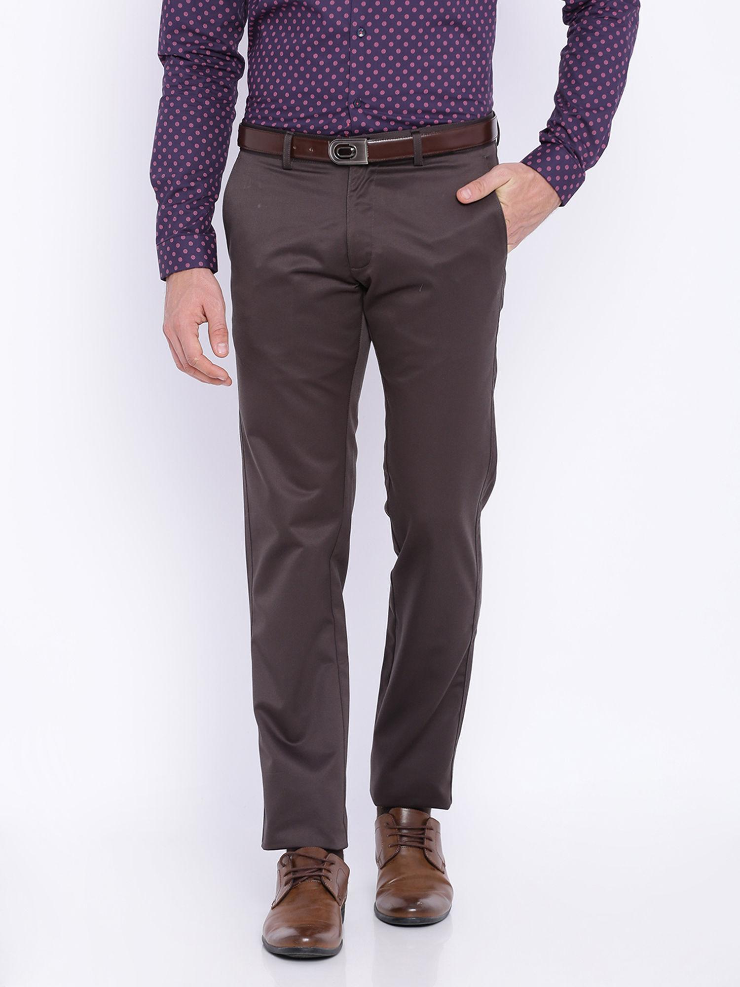 tapered fit mid brown satin trousers
