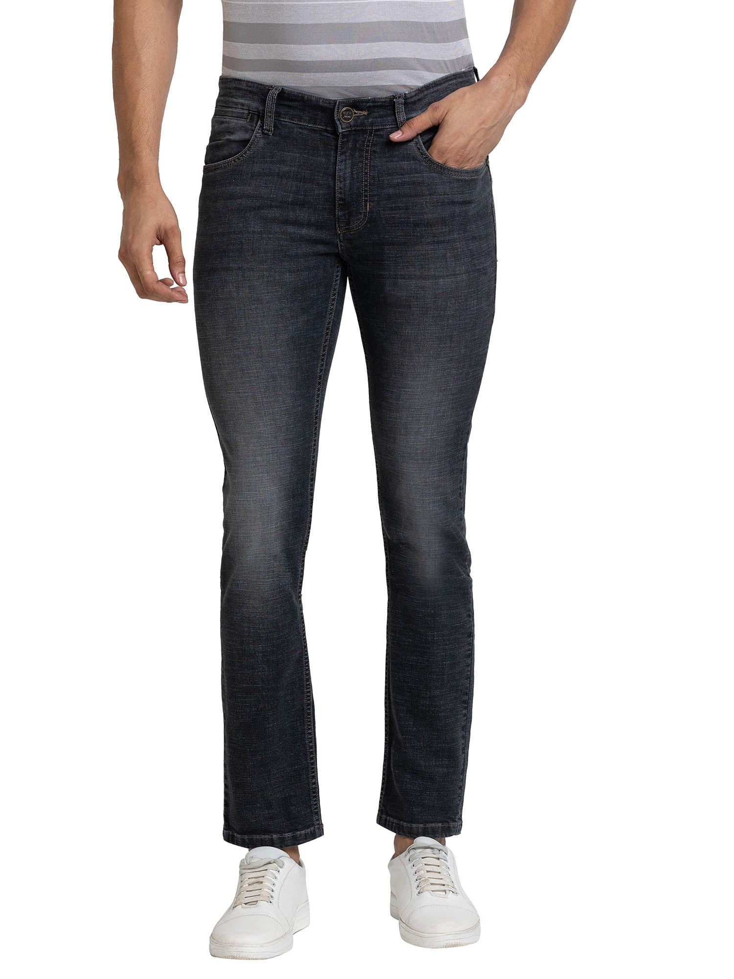 tapered fit self design blue jeans