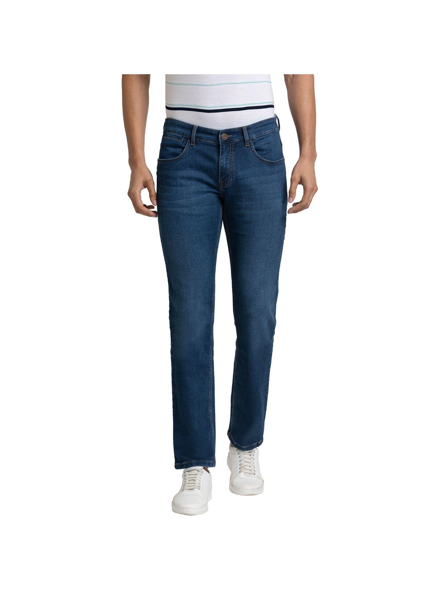 tapered fit solid blue jeans