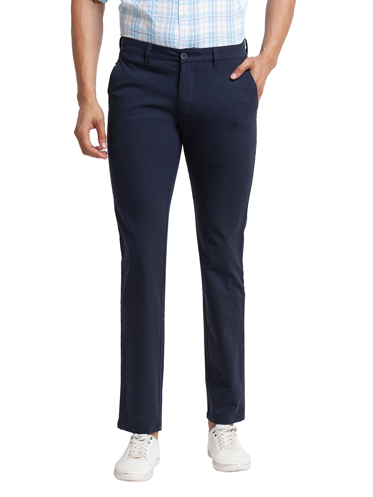 tapered fit solid blue trousers