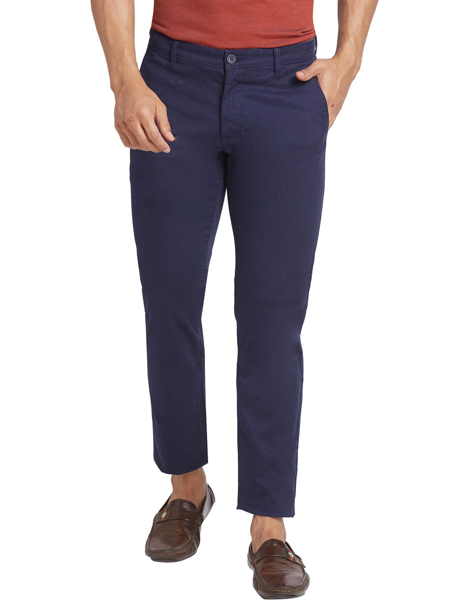 tapered fit solid dark blue casual trouser