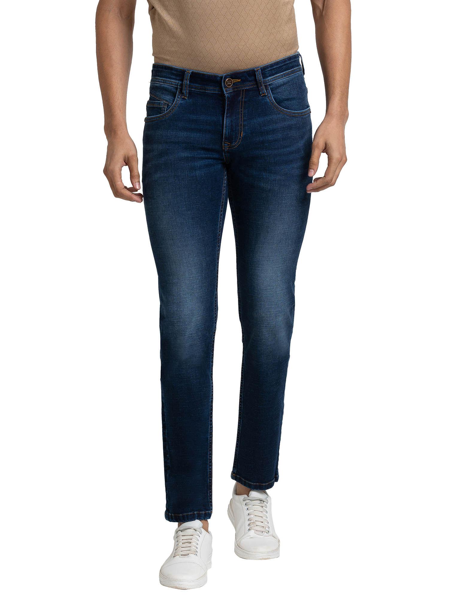 tapered fit solid dark blue jeans