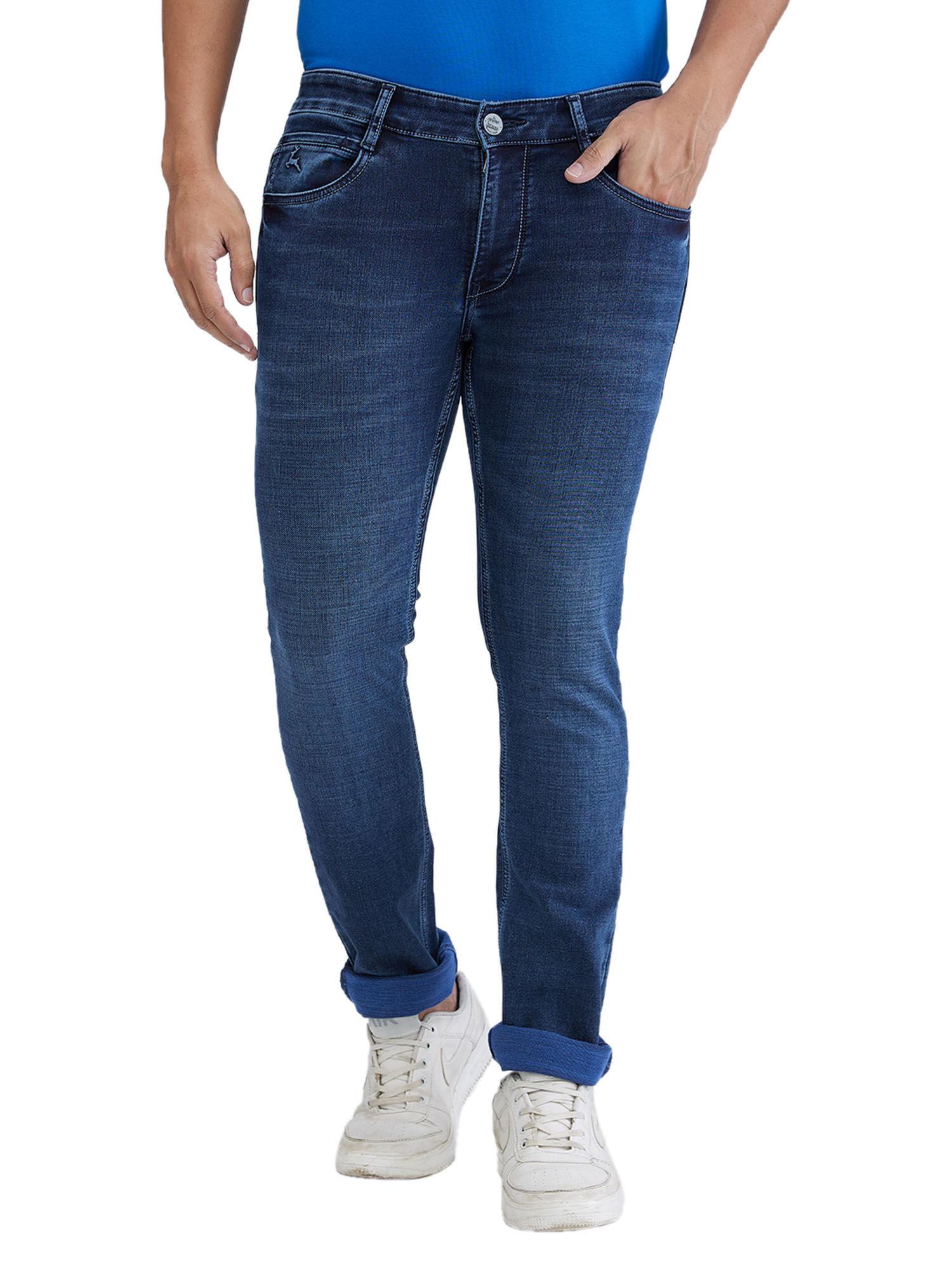 tapered fit solid dark blue jeans