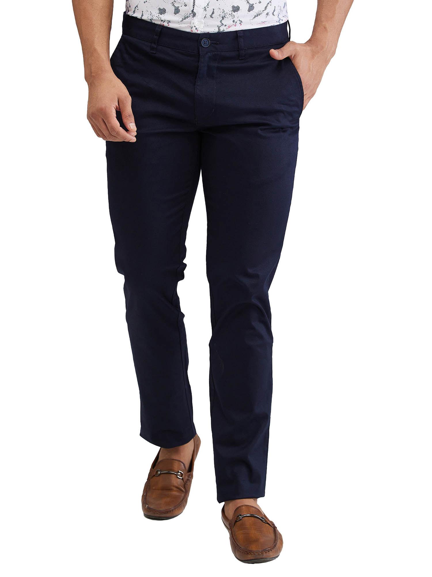 tapered fit solid dark navy blue casual trouser