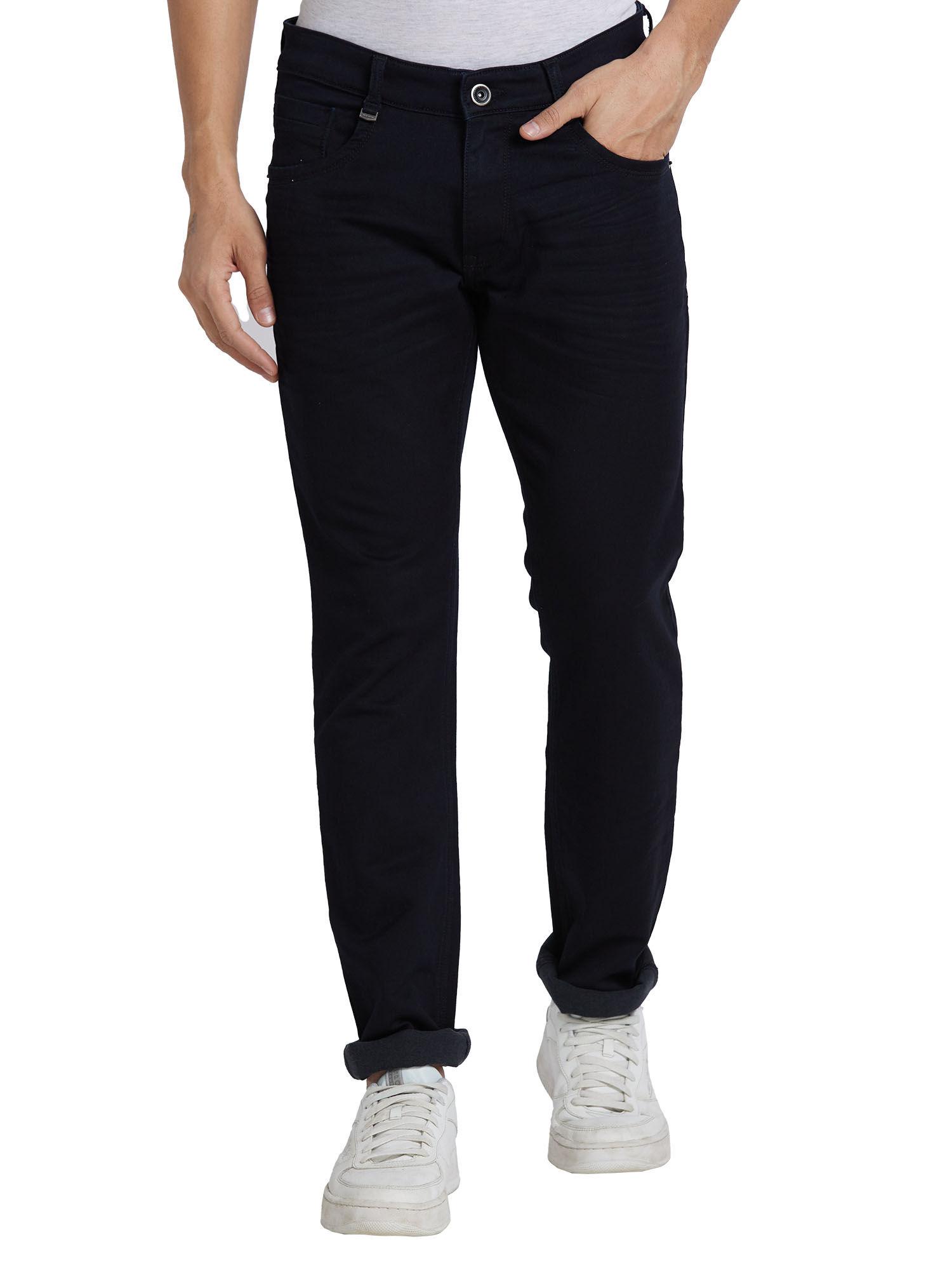 tapered fit solid fancy navy blue jeans