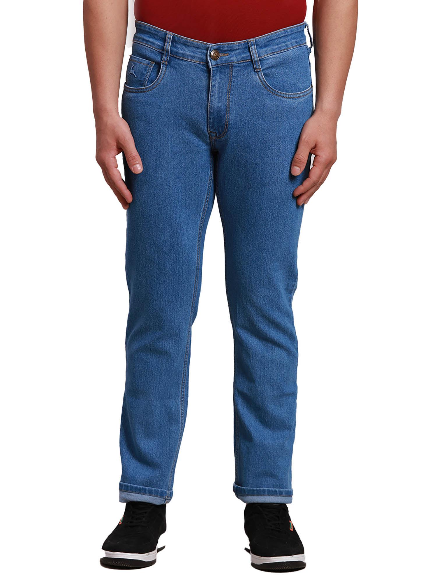 tapered fit solid medium blue jeans