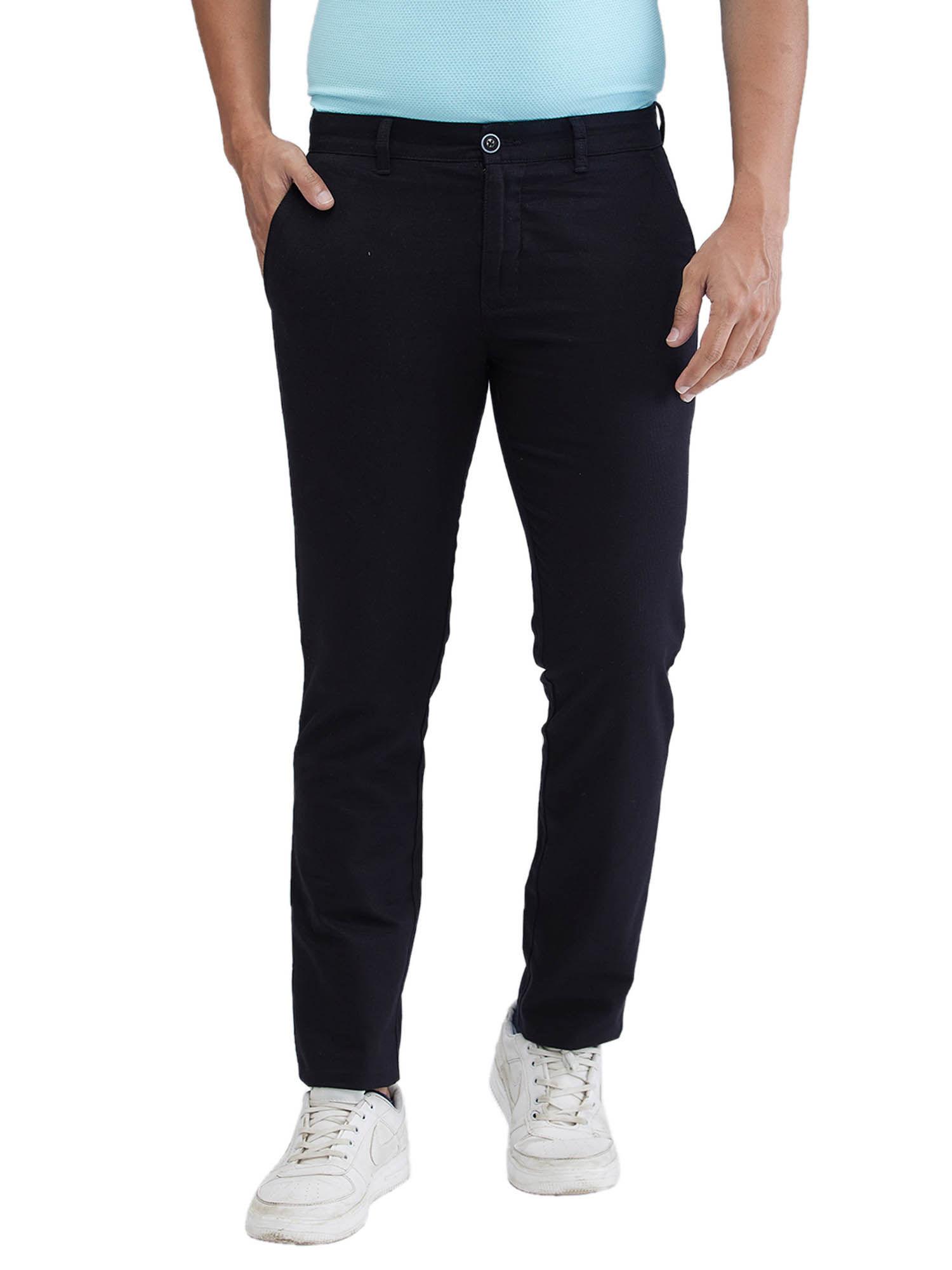 tapered fit solid navy blue casual trouser