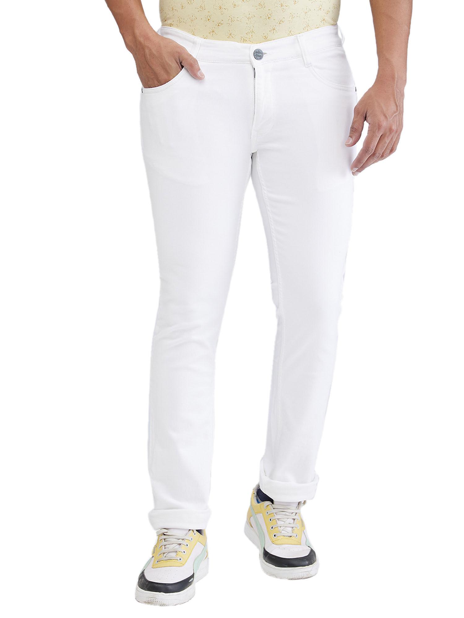 tapered fit solid white jeans