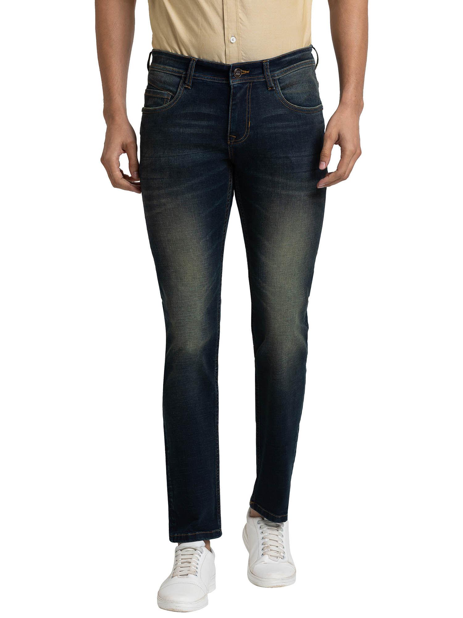 tapered fit yarn dyed medium blue jeans