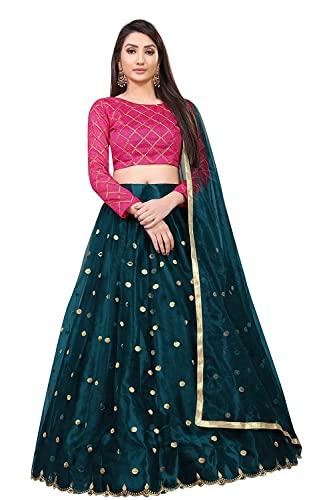 tapi maiya women's embellished tilki work net semi stitched lehenga choli with dupatta set (multicolour) (morpichh to pink) free size