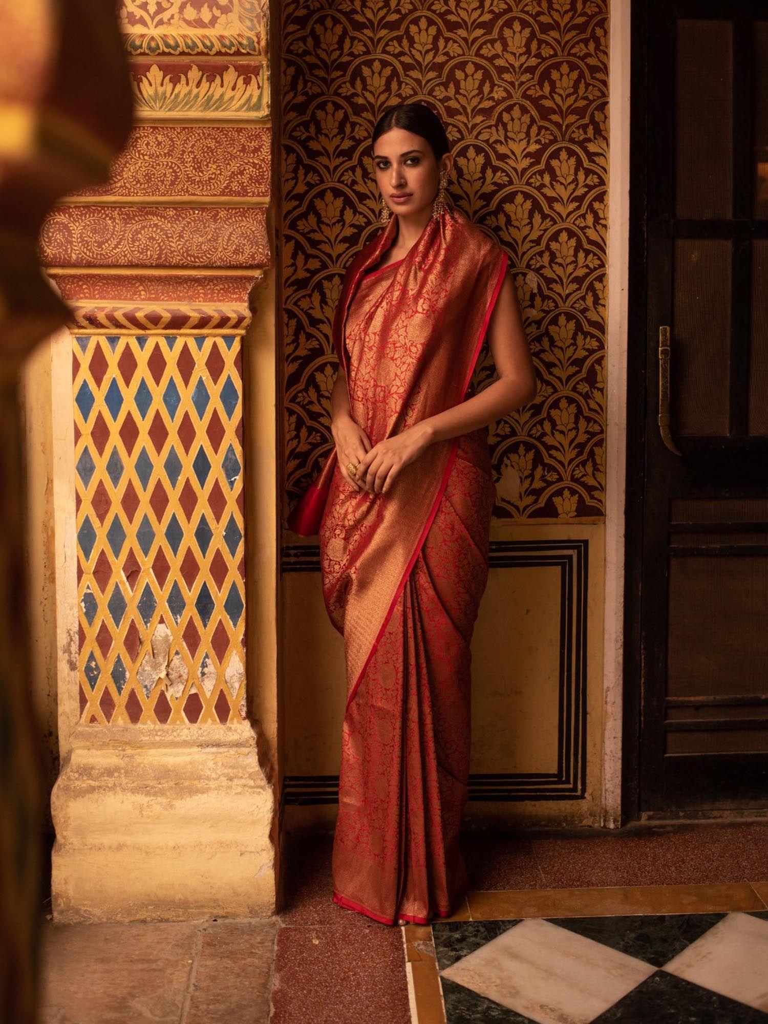 tara ( red) silk brocade banarasi saree with all over jaal with unstitched blouse