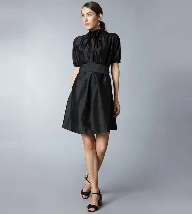 tara and i black high neck pleated silk dress