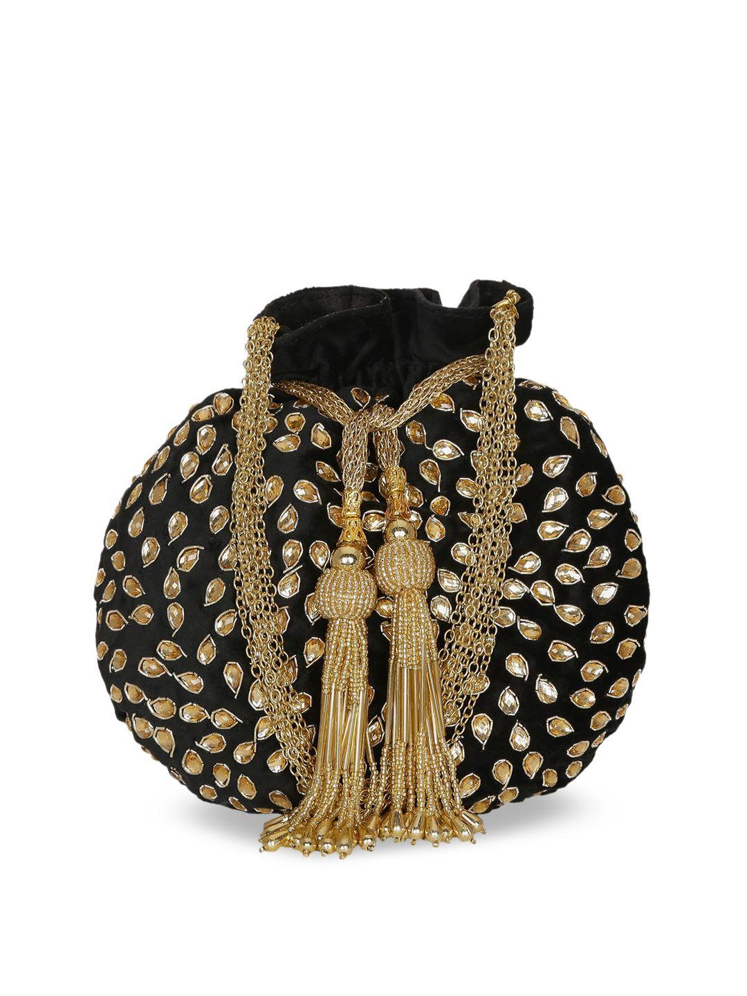 tarini nirula black & gold-toned embellished suede sling bag