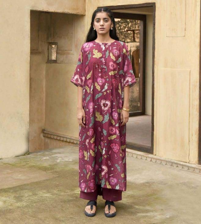 taro wine red enchanted garden kaftan kurta with pant