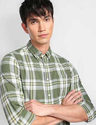 tartan check button down collar casual shirt