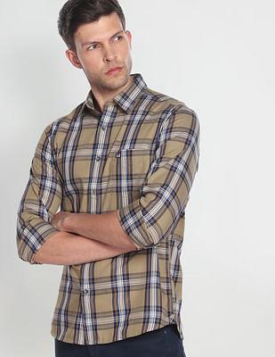 tartan check slim fit twill casual shirt