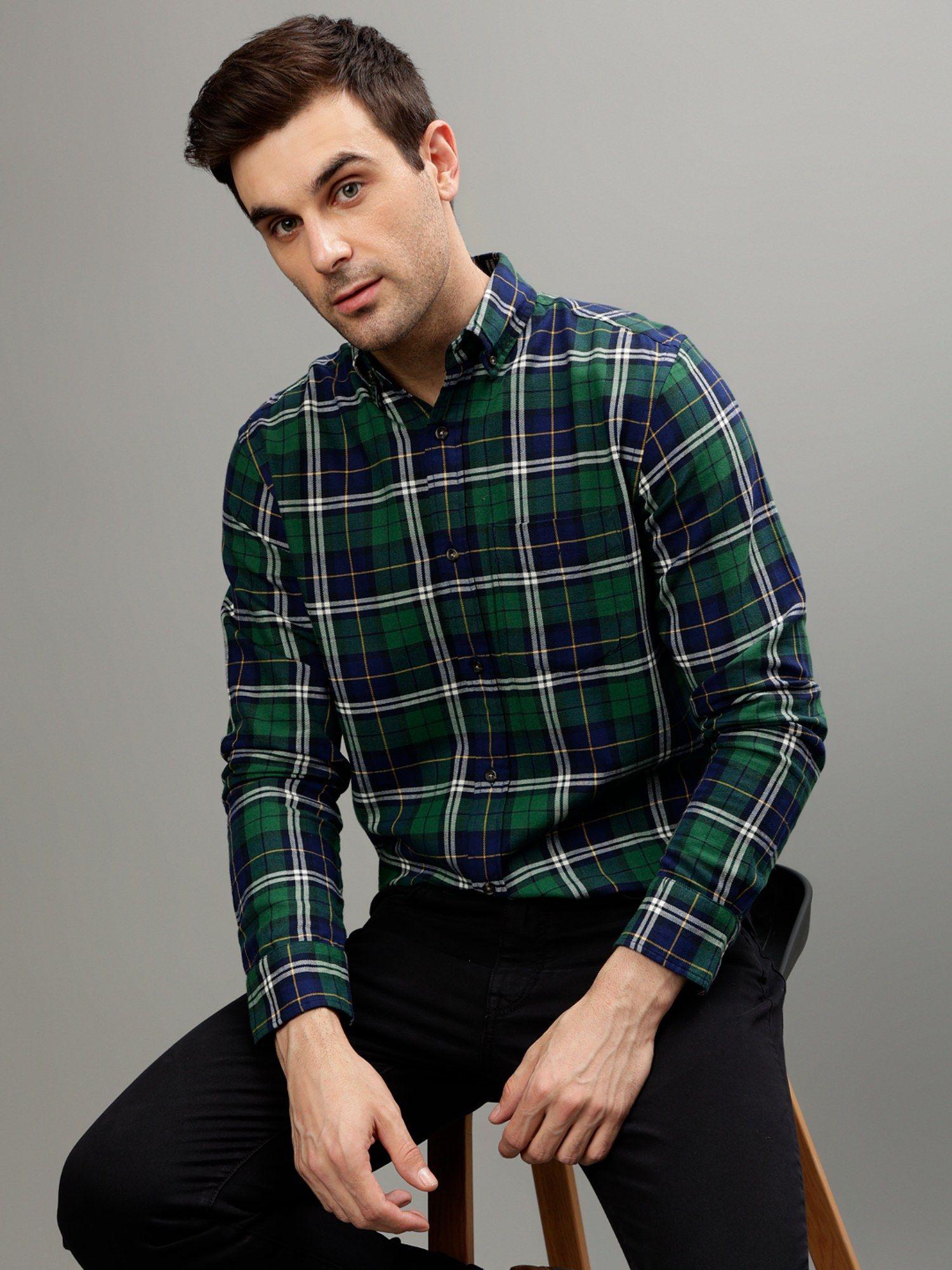 tartan checked button-down collar casual shirt