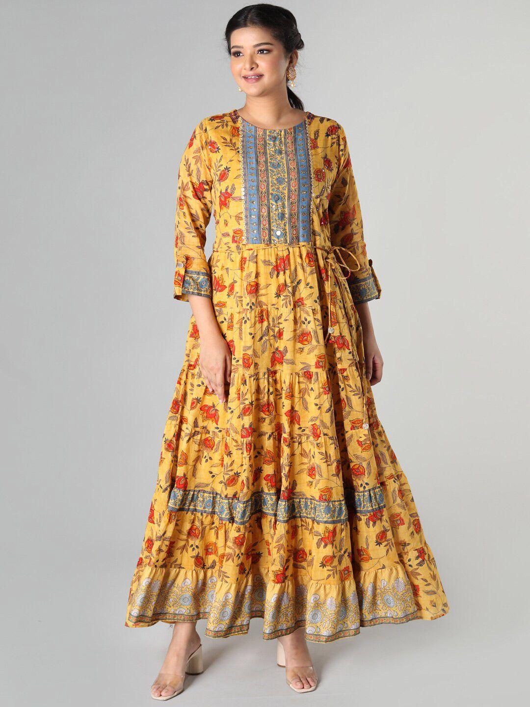 taruni mustard yellow & red ethnic motifs cotton ethnic maxi dress