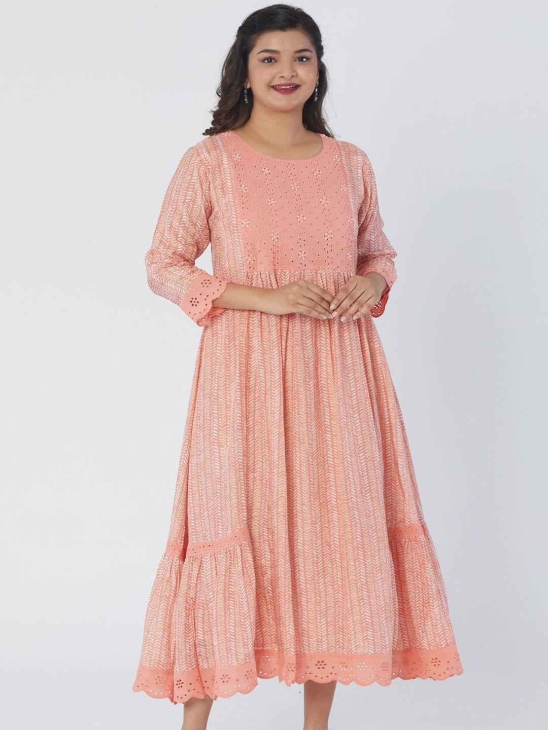 taruni peach-coloured & white print ethnic fit & flare dress