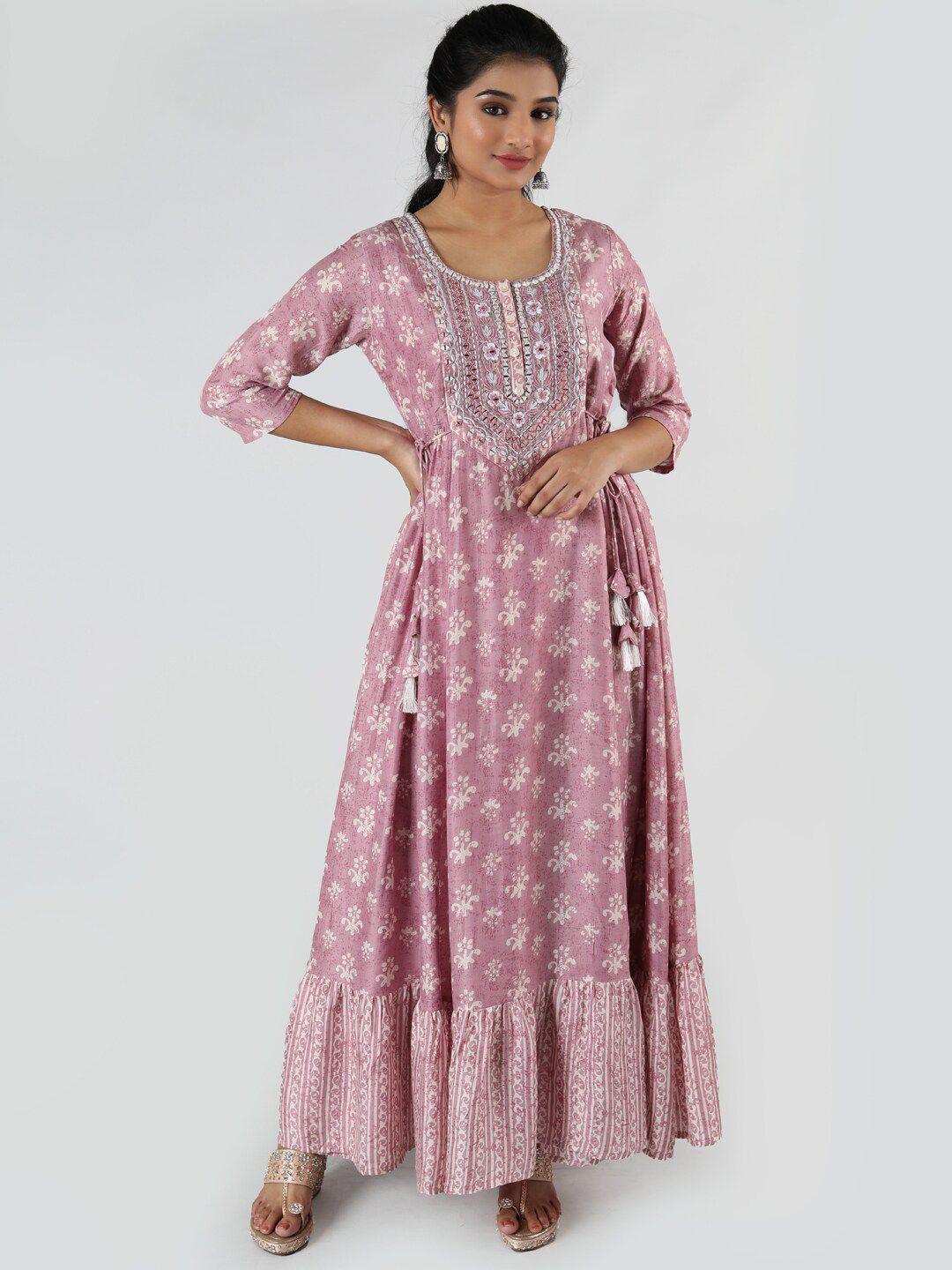 taruni women lavender printed embroidered maxi ethnic dress
