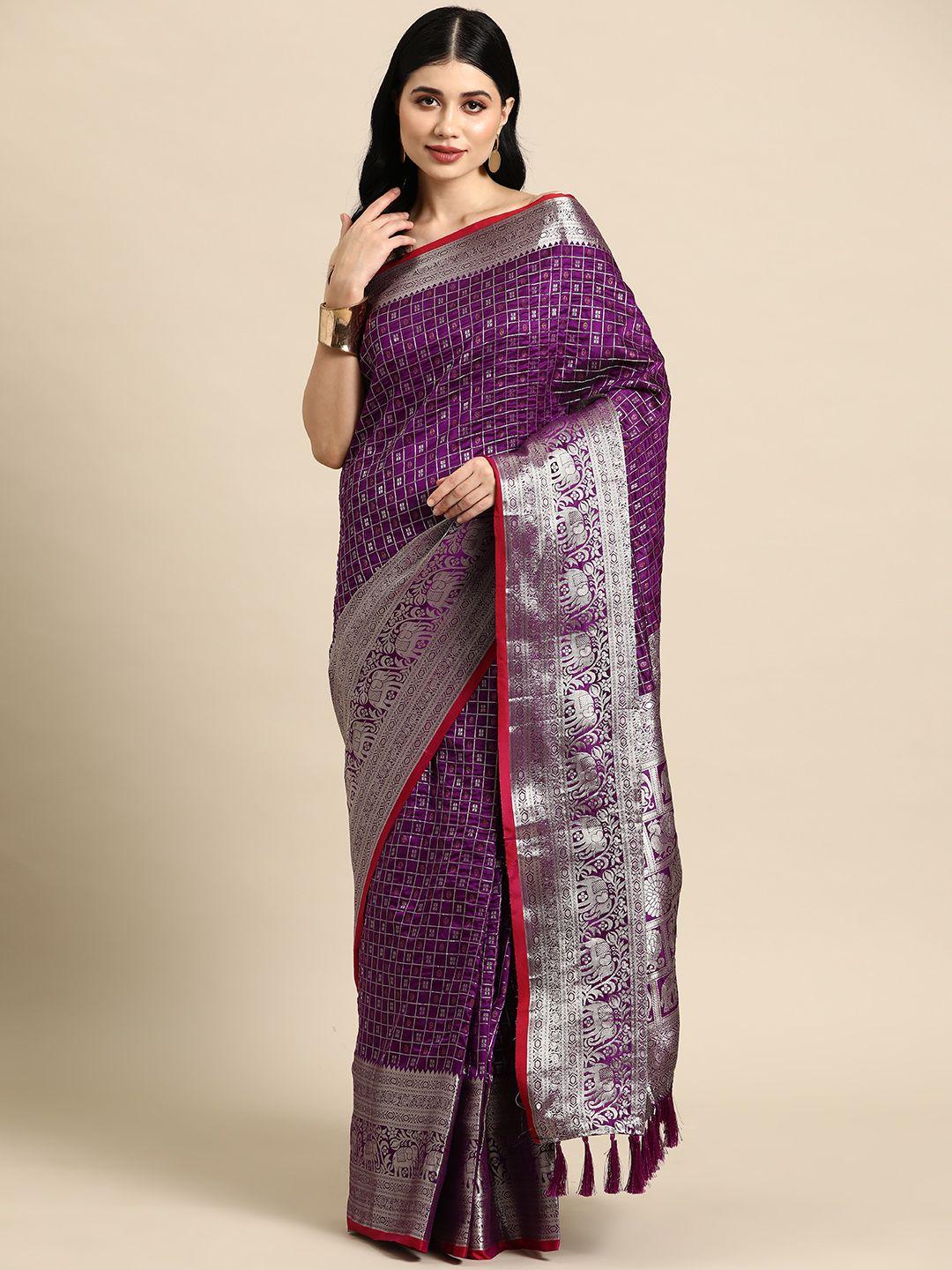 tasarika checked zari silk blend banarasi saree