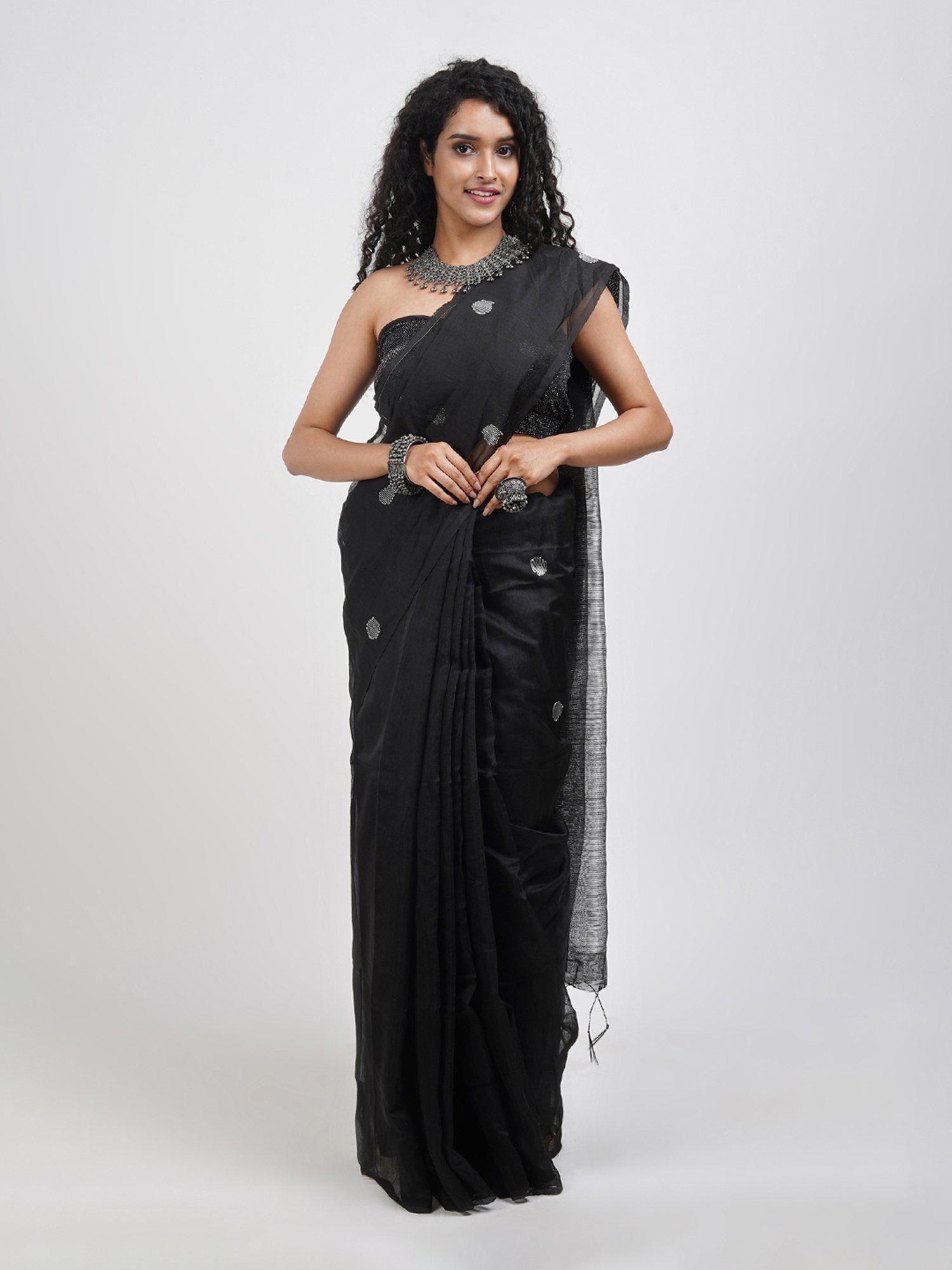 tasha black muslin silk saree with unstitched blouse