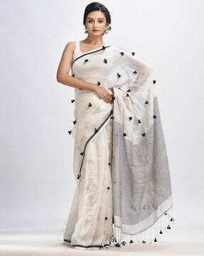 tassel embellished saree with striped border