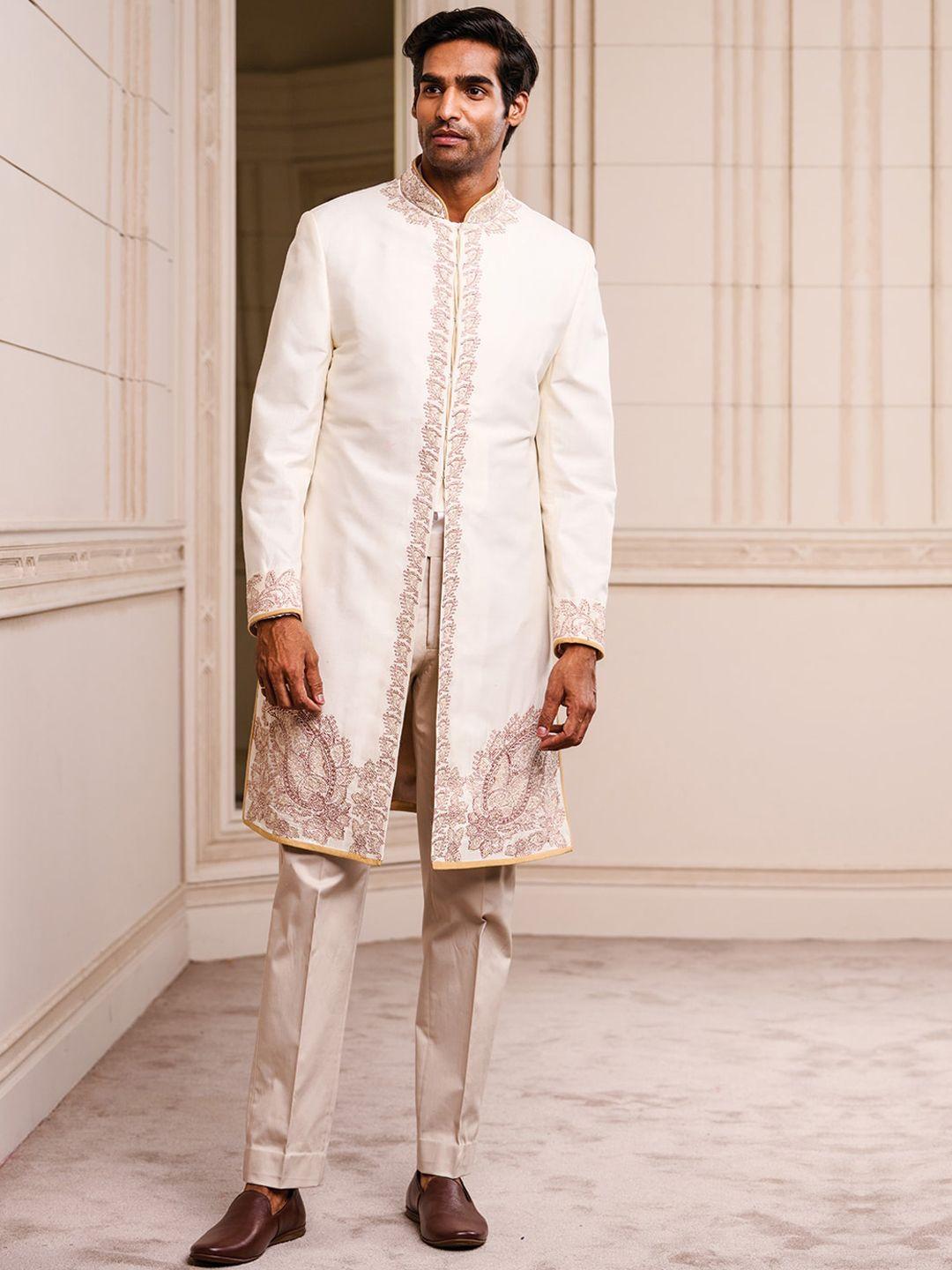 tasva men beige embellished silk sherwani set