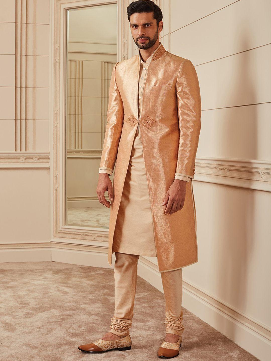 tasva men golden & beige self-design brocade sherwani set