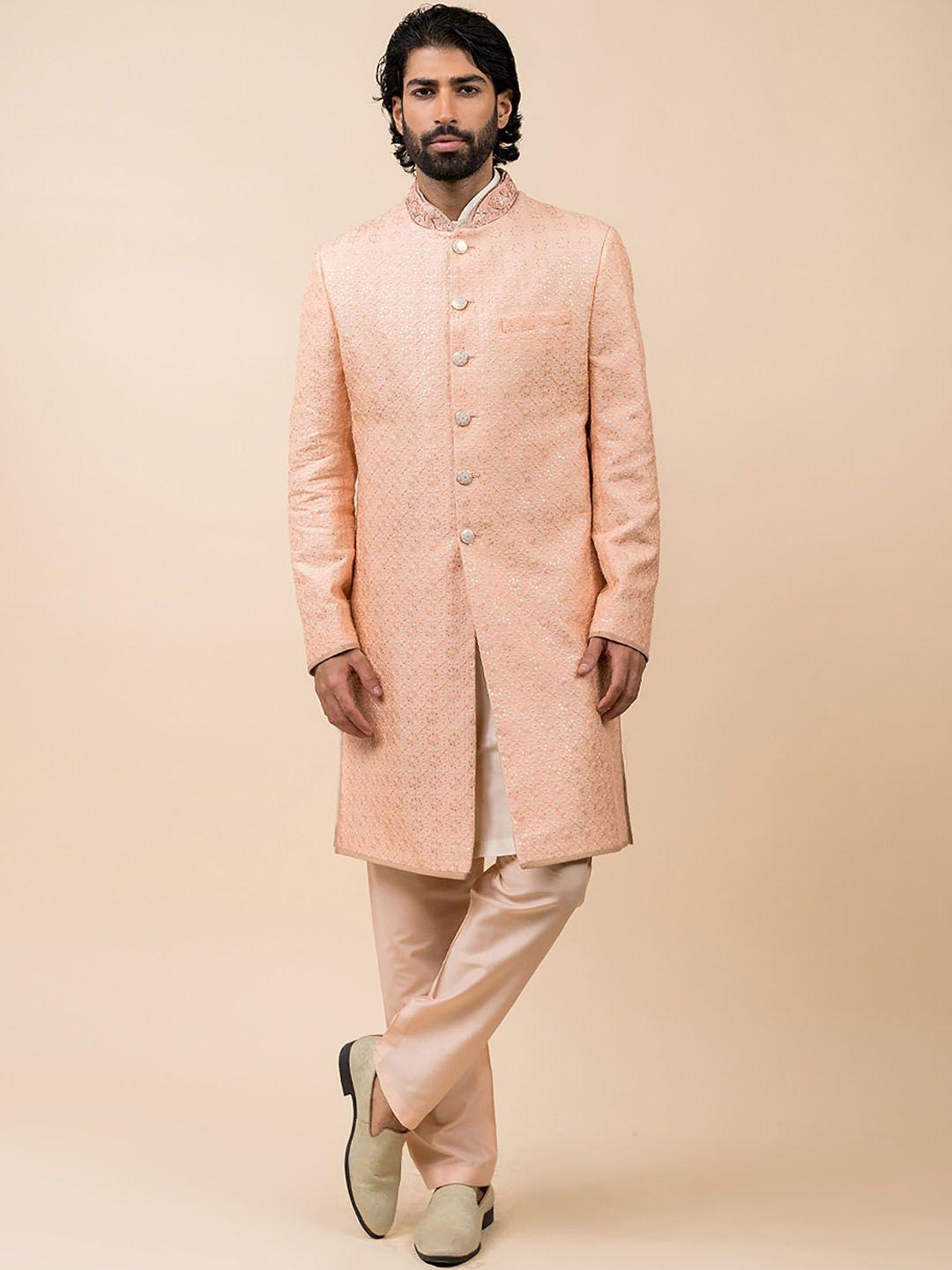 tasva men peach embroidered silk blend sherwani