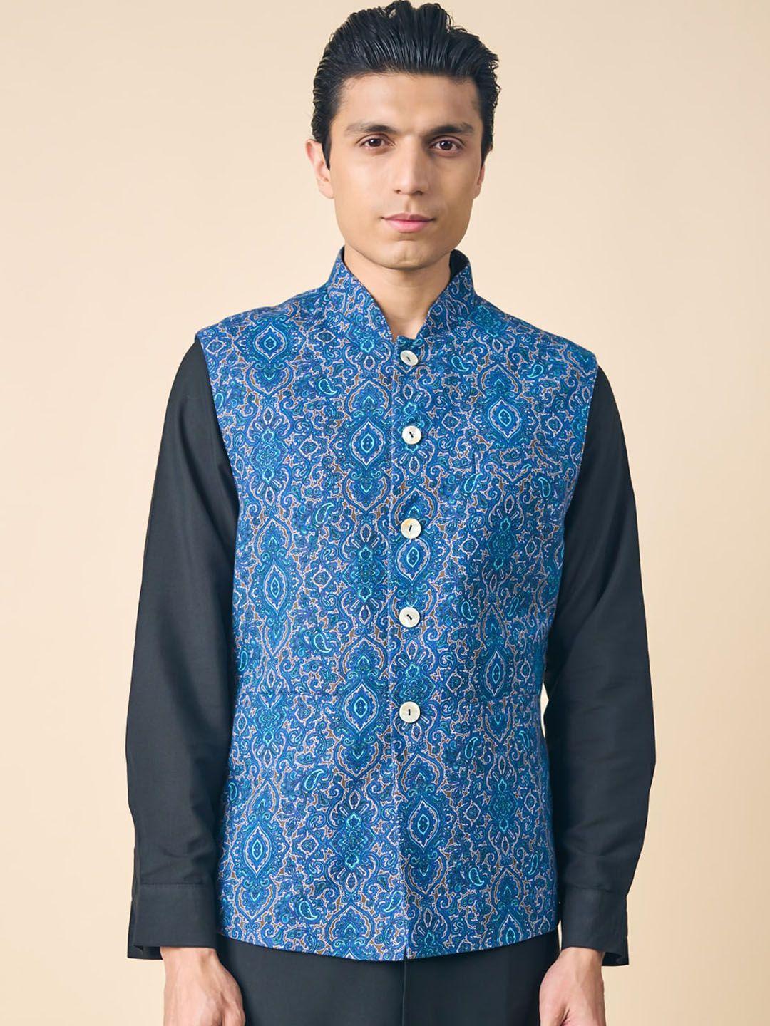 tasva ethnic motifs printed mandarin collar pure cotton nehru jacket