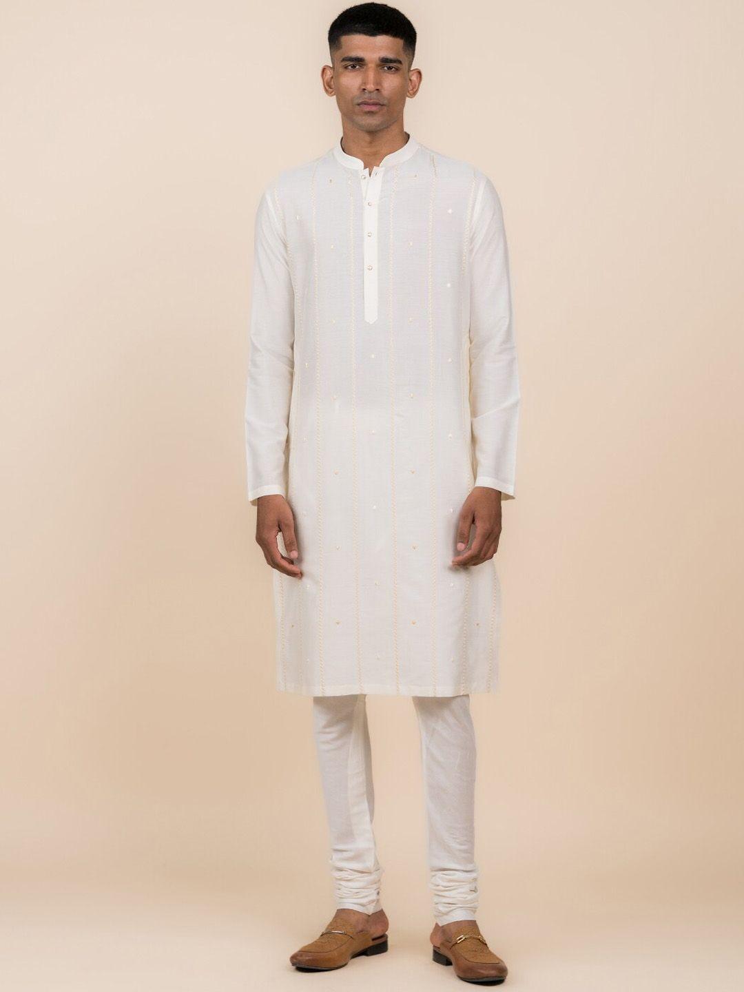 tasva mandarin collar striped mirror work kurta with churidar