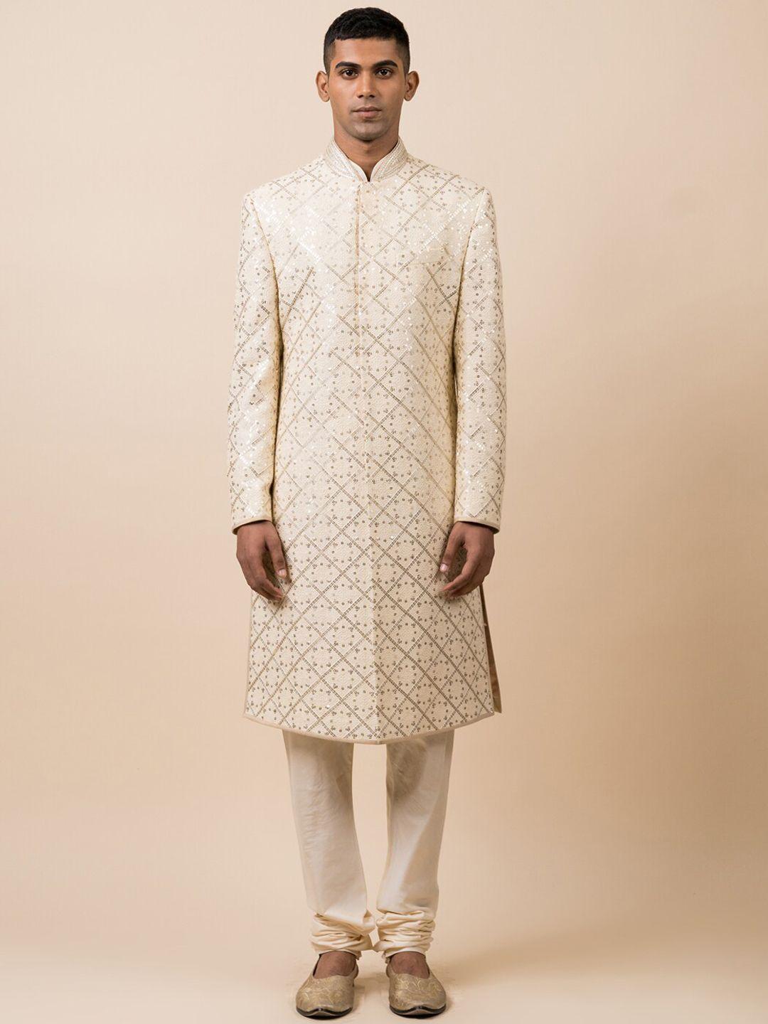 tasva men beige & gold-toned embellished sherwani