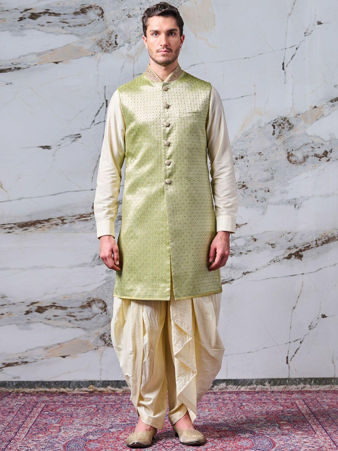 tasva men beige & green kurta with dhoti pants & jacket