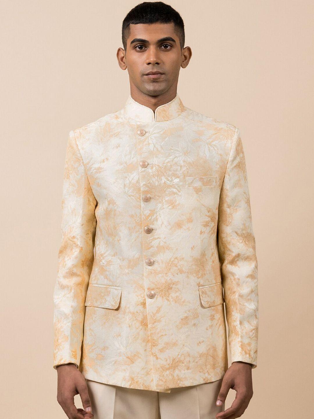 tasva men beige & orange printed 2-piece bandhgala suit