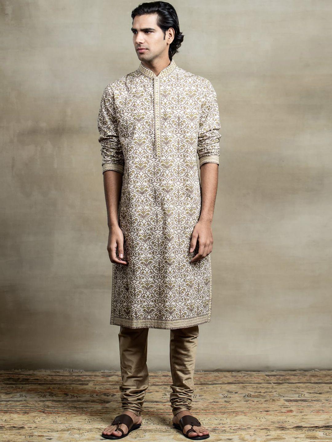 tasva men beige ethnic motifs printed pure cotton kurta with churidar