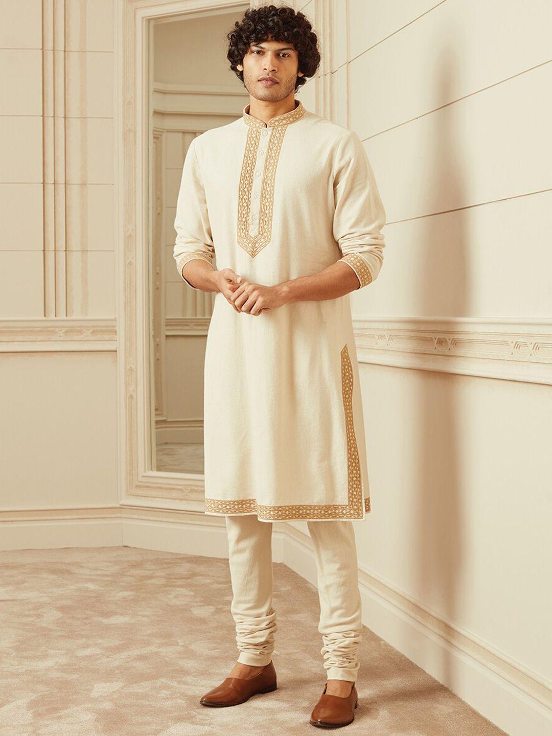 tasva men beige pure cotton kurta with trousers