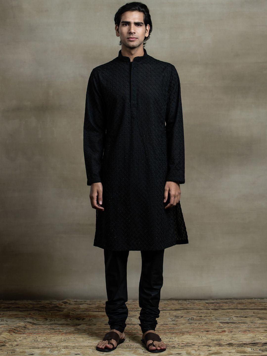 tasva men black embroidered pure cotton kurta set