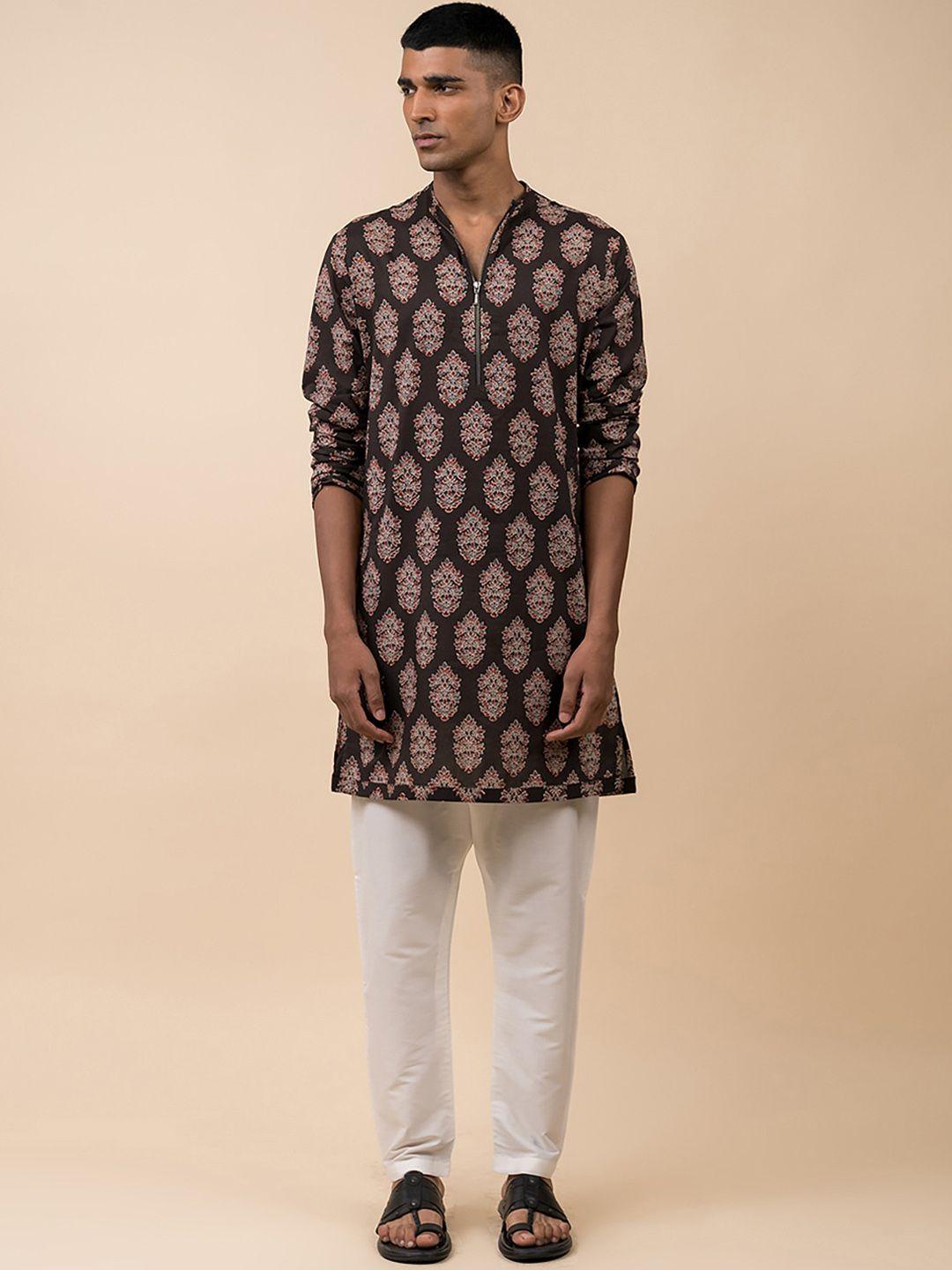 tasva men black ethnic motifs printed pure cotton kurta with trousers